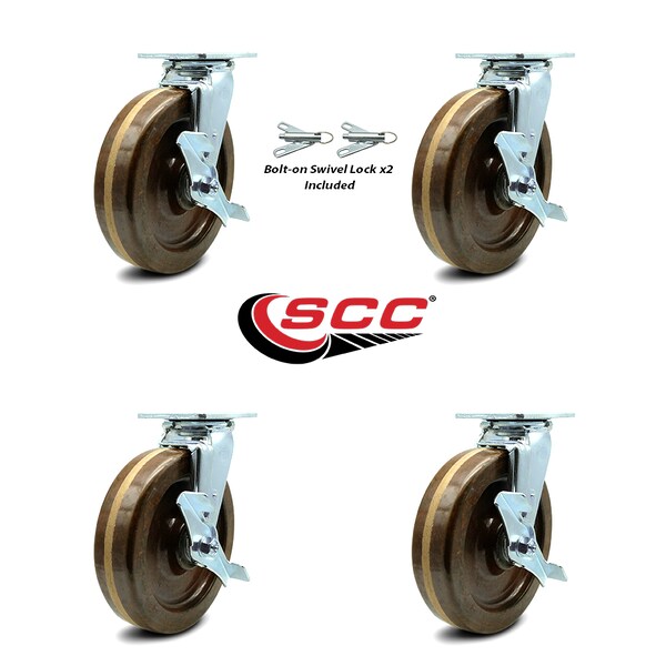 Service Caster 8 Inch High Temp Phenolic Caster Set with Roller Bearings 4 Brake 2 Swivel Lock SCC-30CS820-PHRHT-TLB-BSL-2-TLB-2 - main